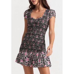 New LoveShackFancy Trevor Cotton Smock Floral Mini Dress Pink Black Large $345